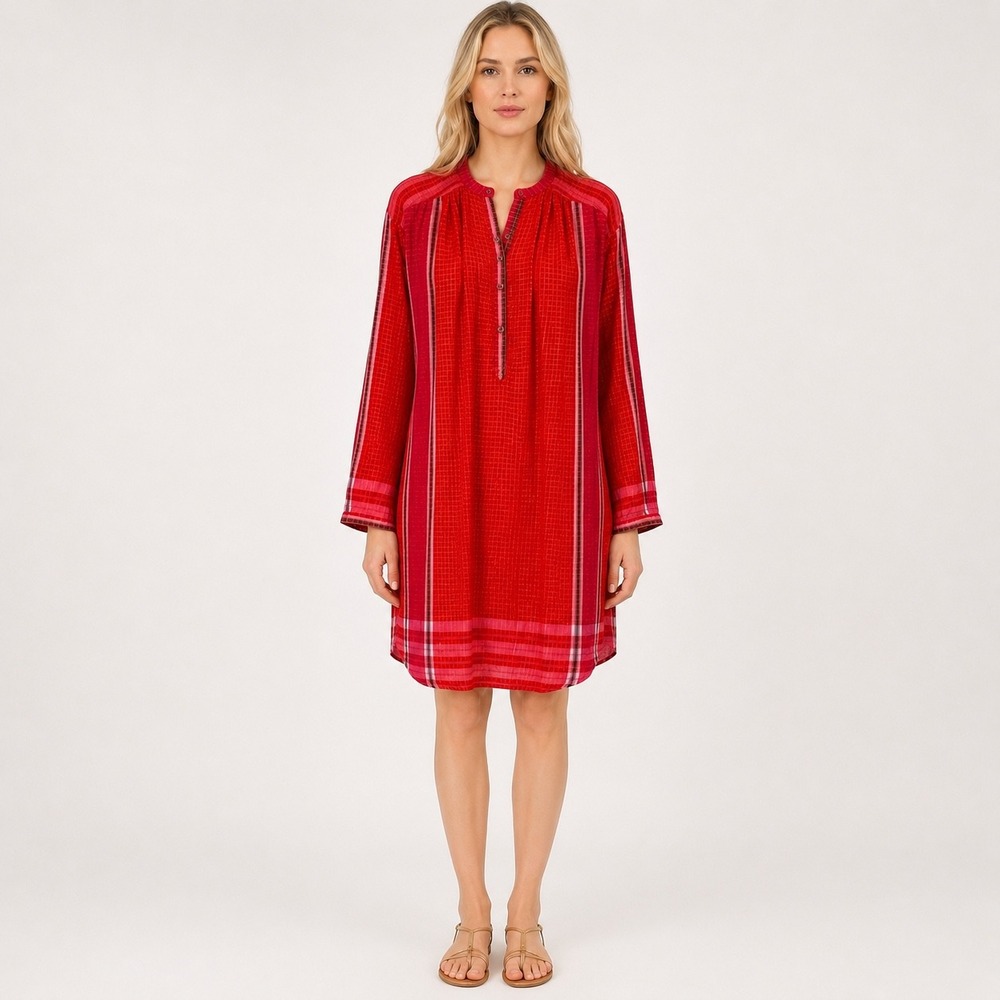 Free People Tunic Dress Red Stripes Metallic Buttons Gold Thread Long Size XS